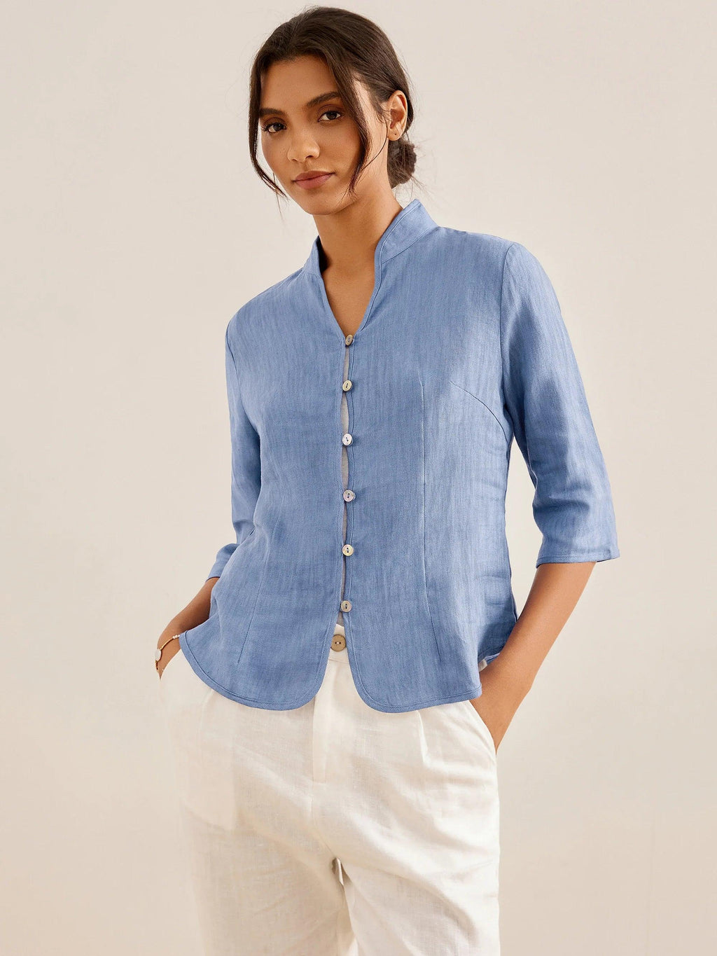 100% Linen Hand Button Fitted Jacket AMELIA