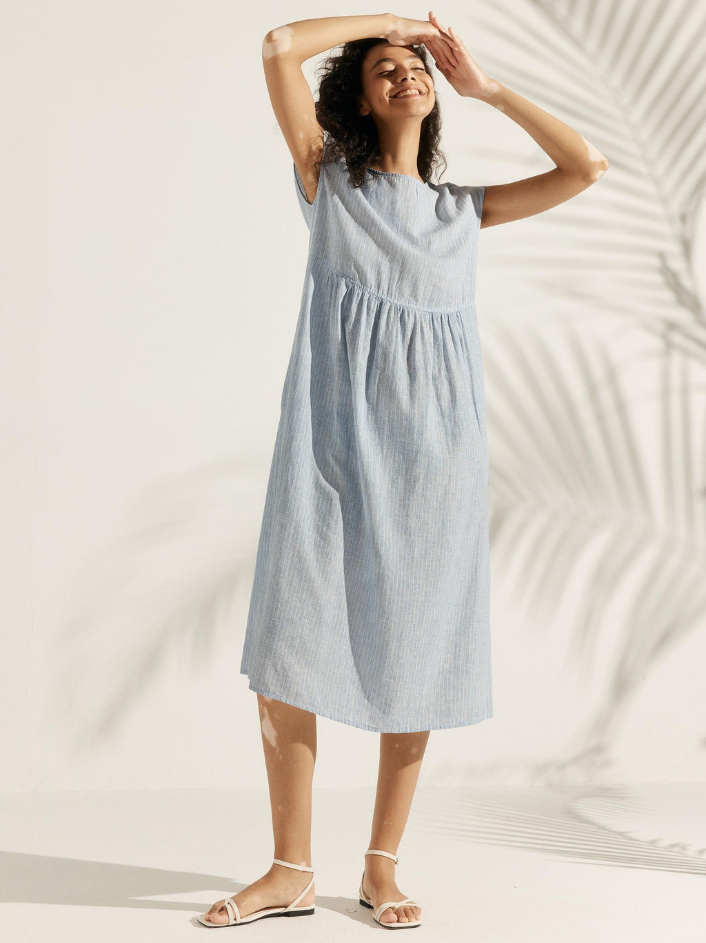 Linen Striped Cap Sleeve Washed Midi Dress JOAN