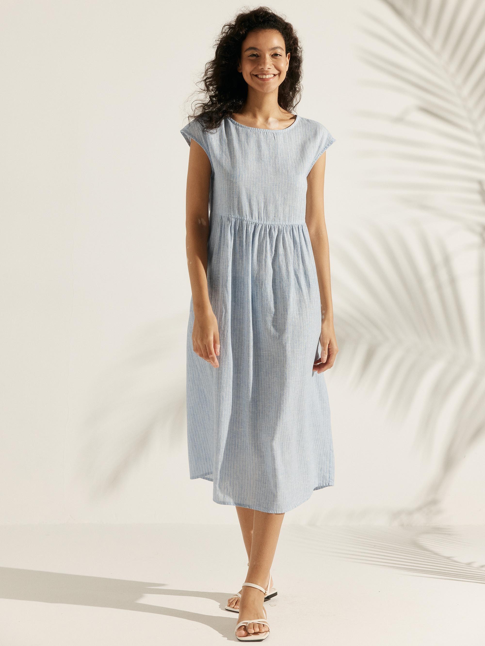 Linen Striped Cap Sleeve Washed Midi Dress JOAN