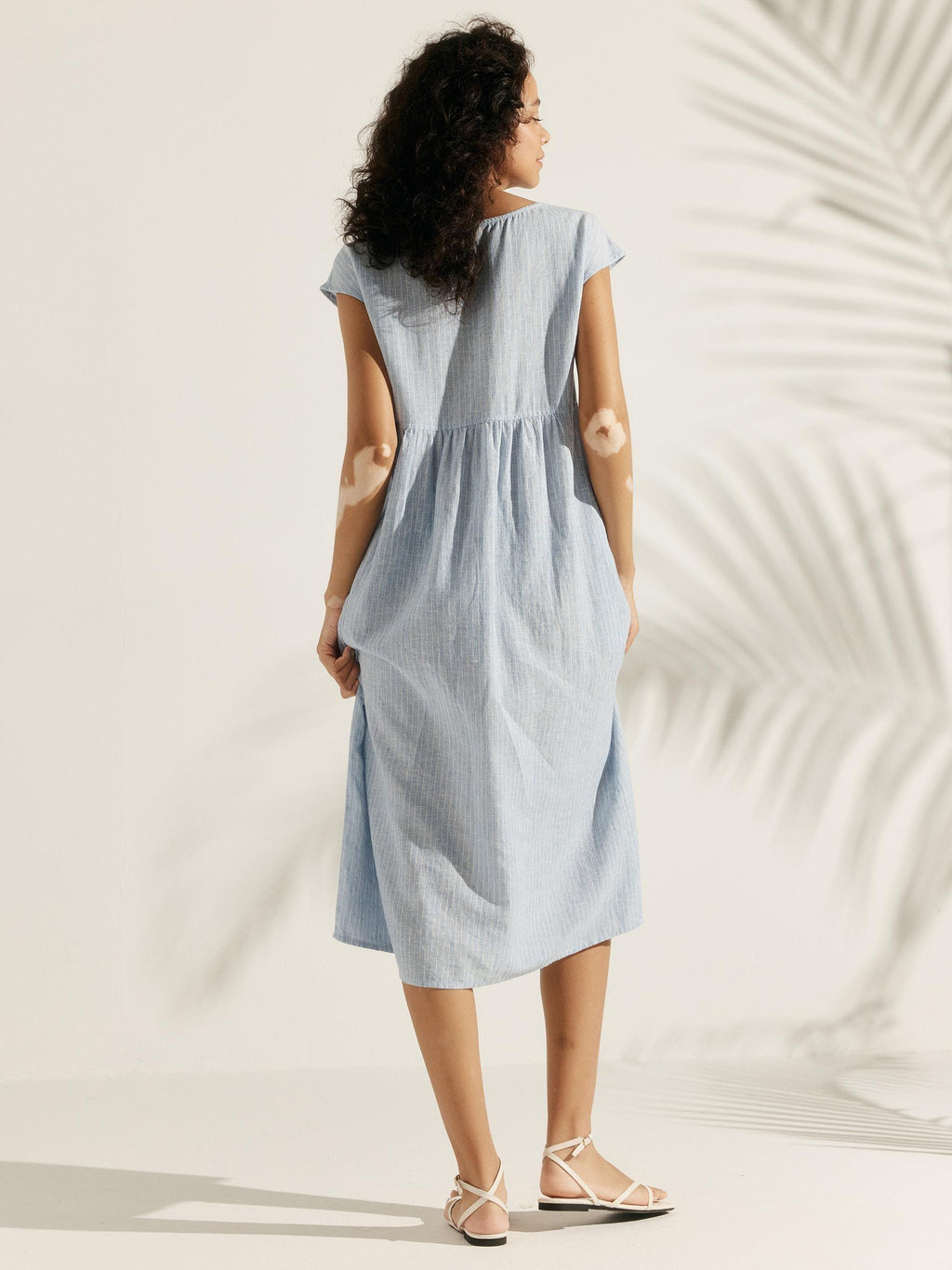 Linen Striped Cap Sleeve Washed Midi Dress JOAN