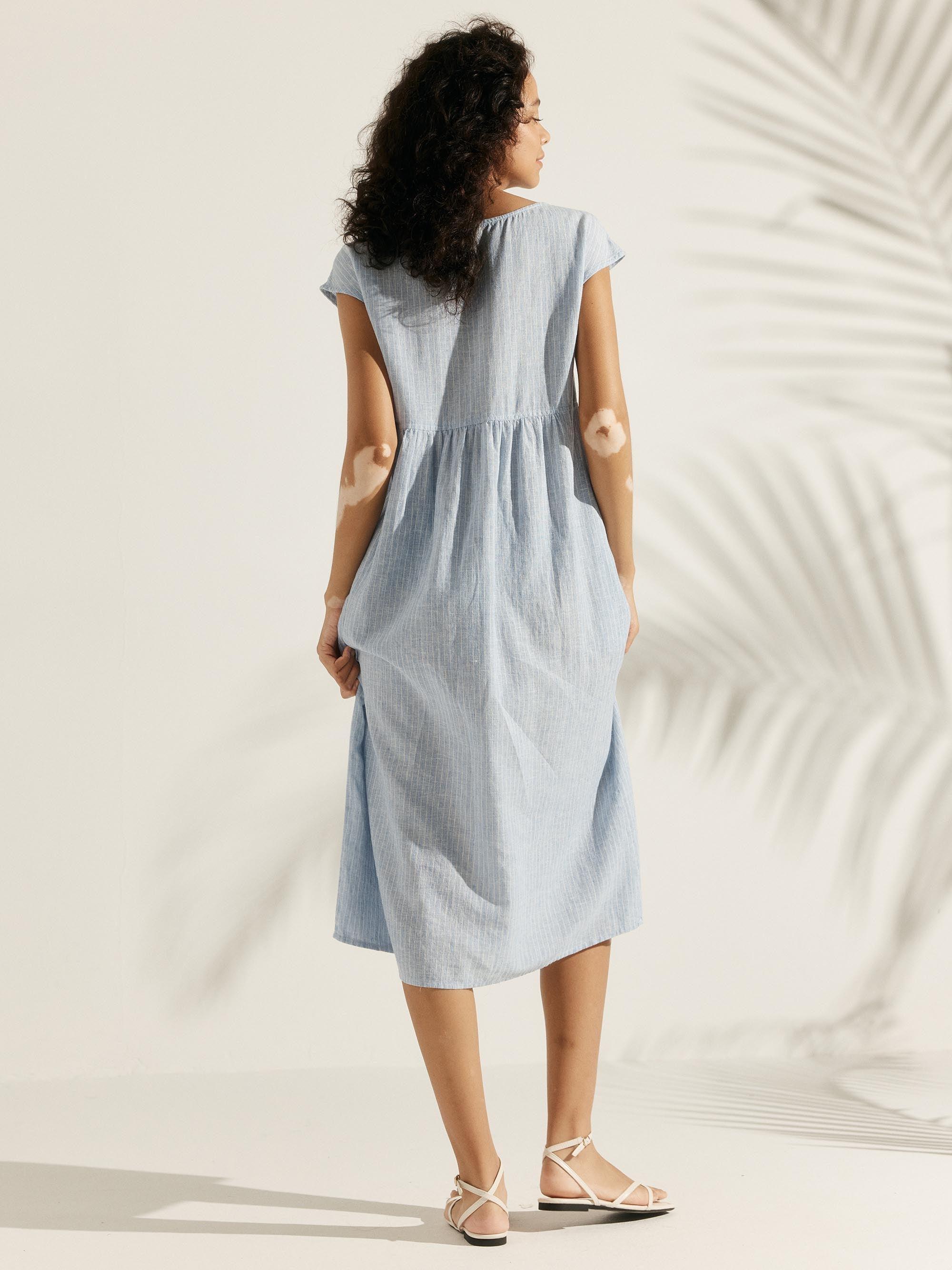 Linen Striped Cap Sleeve Washed Midi Dress JOAN