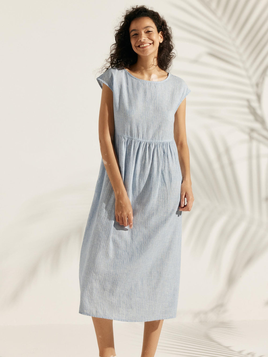 Linen Striped Cap Sleeve Washed Midi Dress JOAN