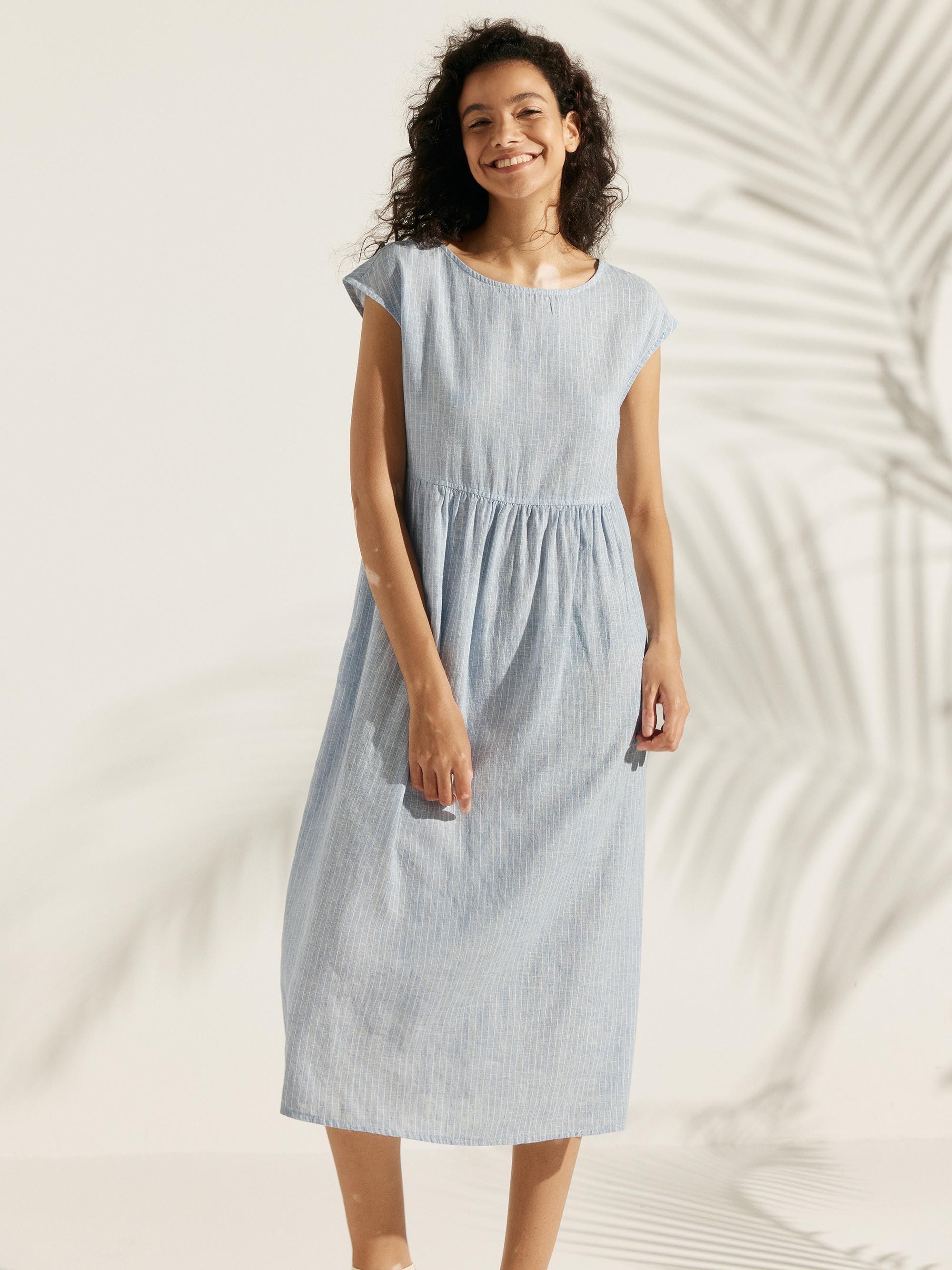 Linen Striped Cap Sleeve Washed Midi Dress JOAN