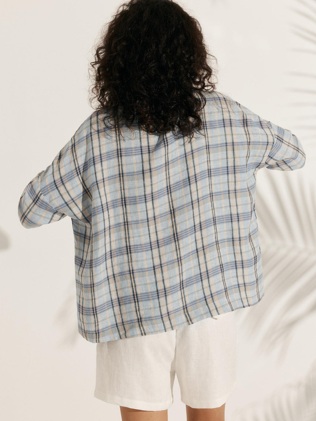 100% Linen Gingham Checked Boatneck 3/4 Length Sleeve Top AURORA