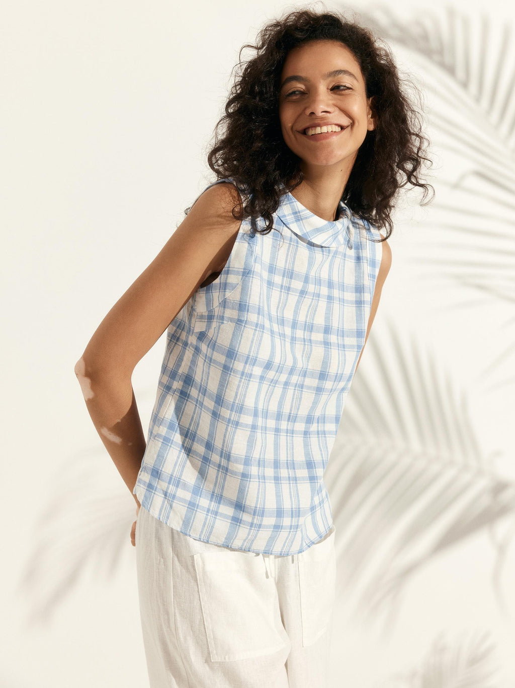 100% Linen Draped Collar Tank Top