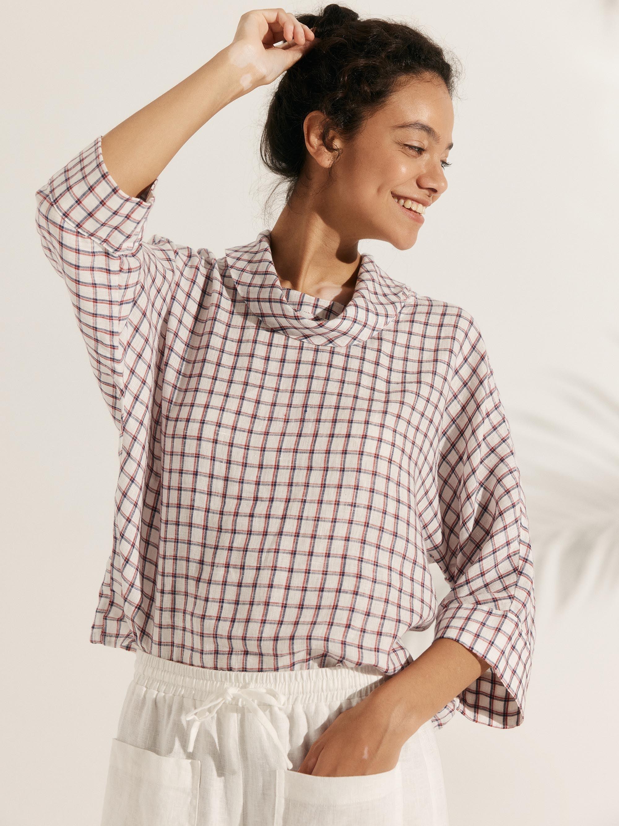 100% Linen Dropped Collar Long-Sleeve Top TRISTAN