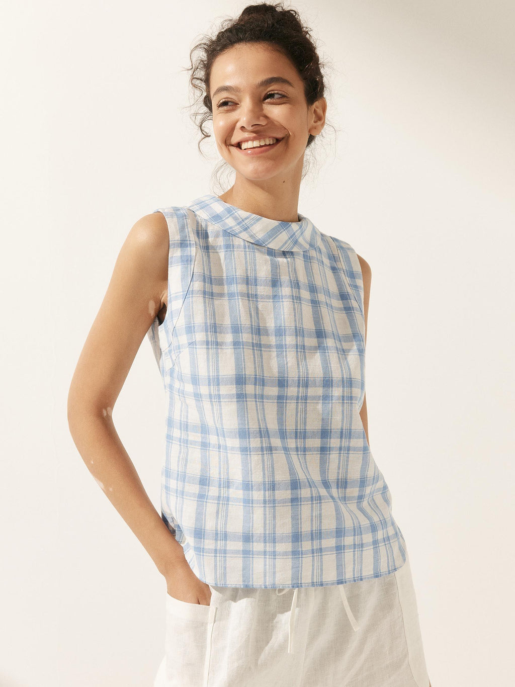 100% Linen Draped Collar Tank Top