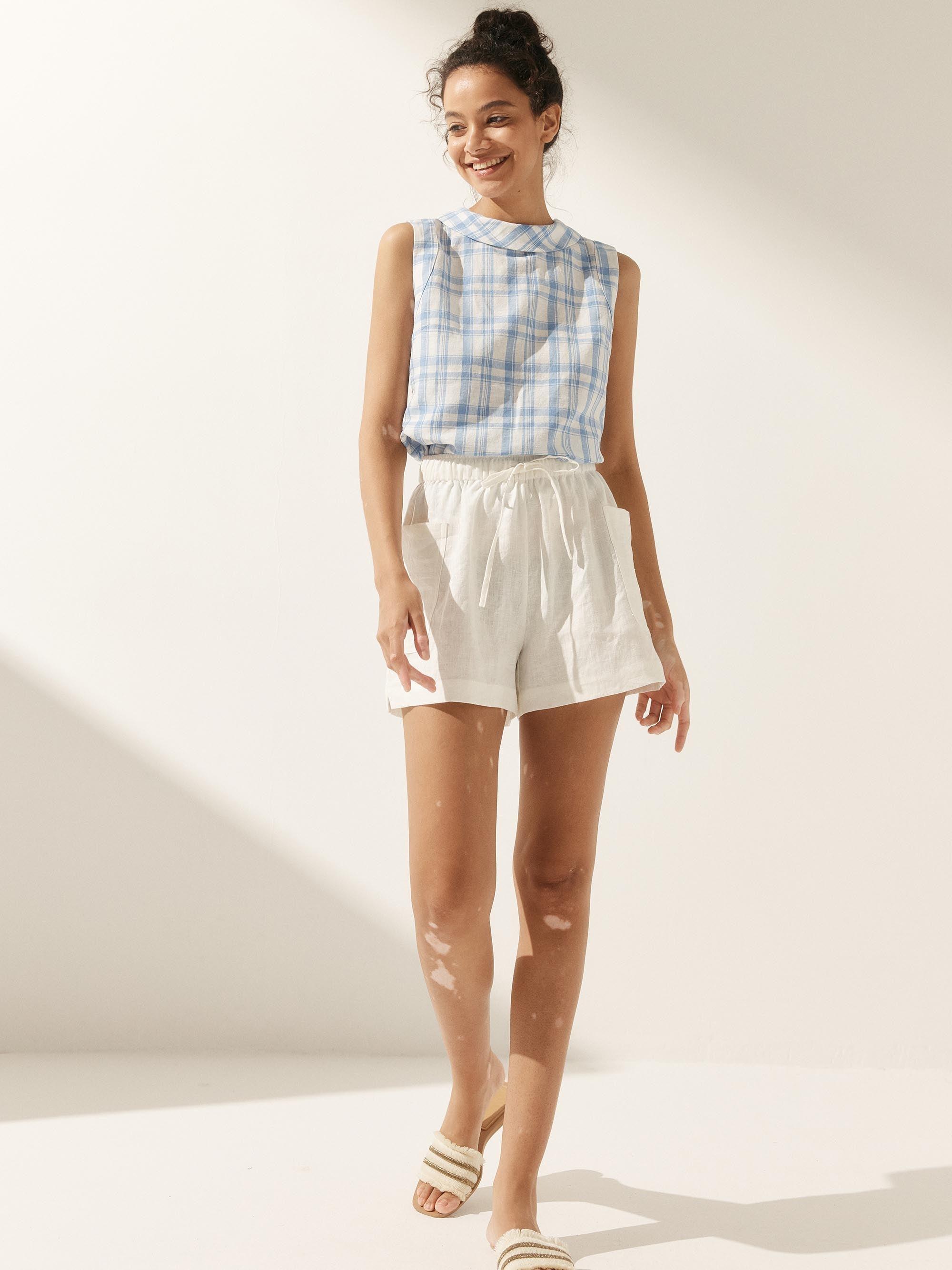 100% Linen Draped Collar Tank Top