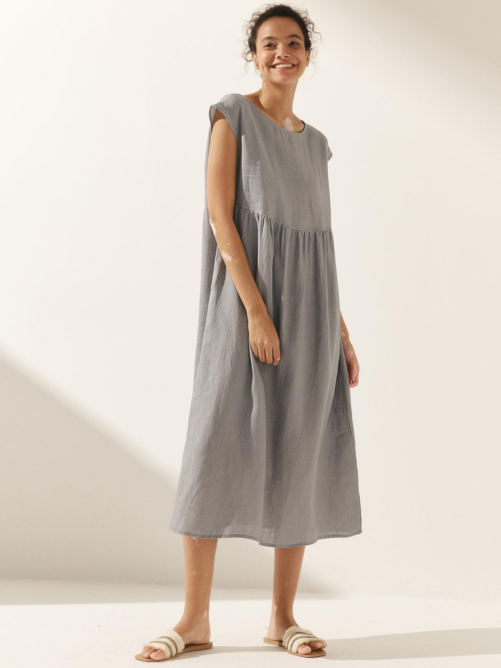 100% Linen Cap Sleeve Washed Midi Dress JOAN