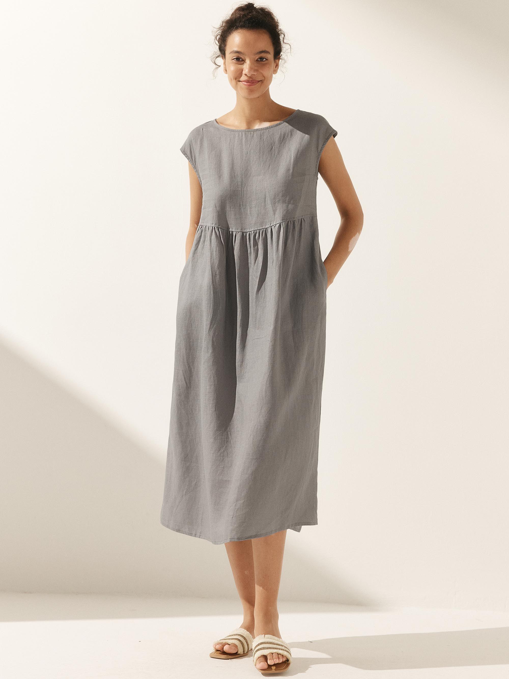 100% Linen Cap Sleeve Washed Midi Dress JOAN