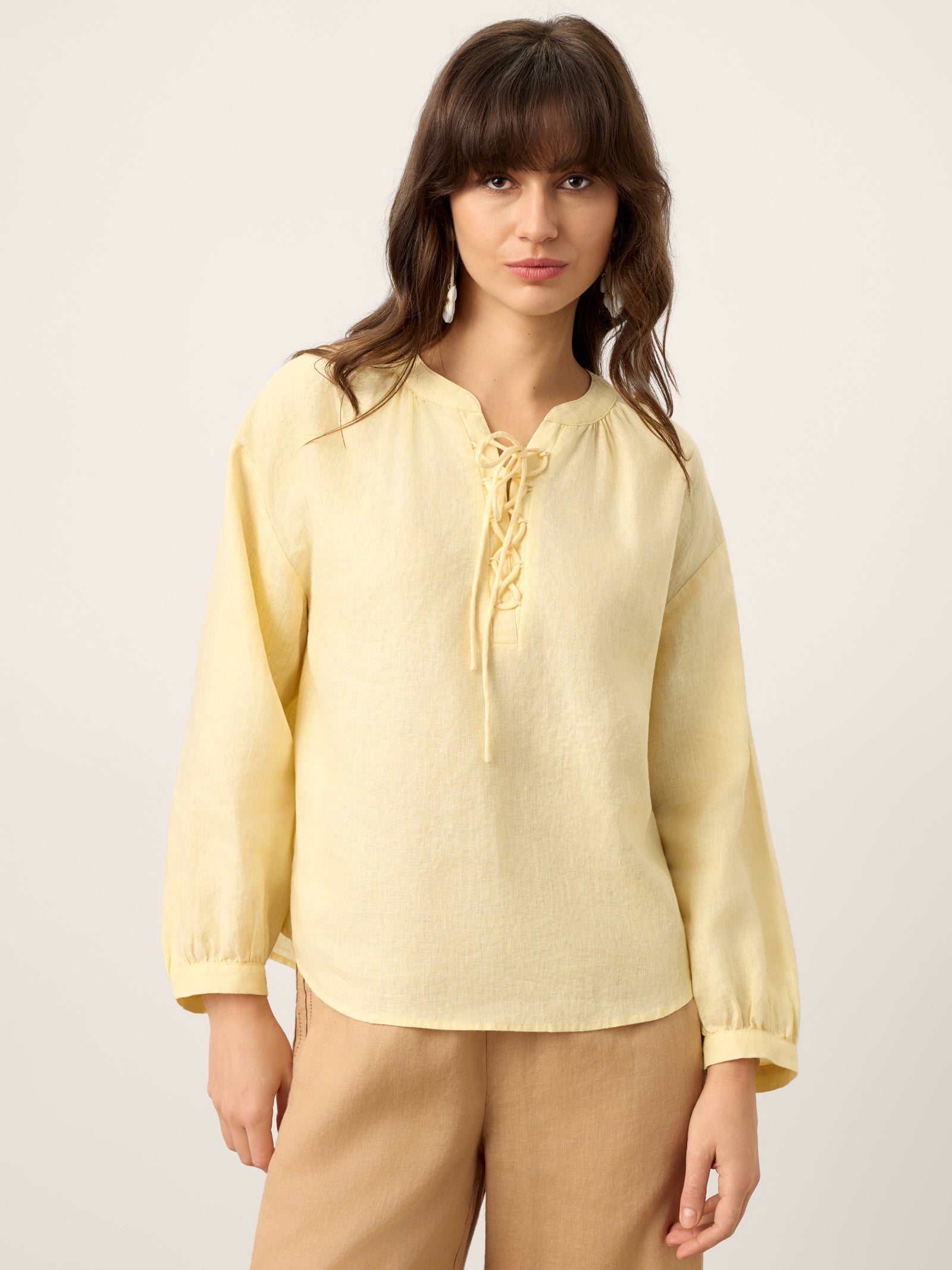100% Linen Lace-Up Shirred Lantern Sleeve Blouse DOROTHEA
