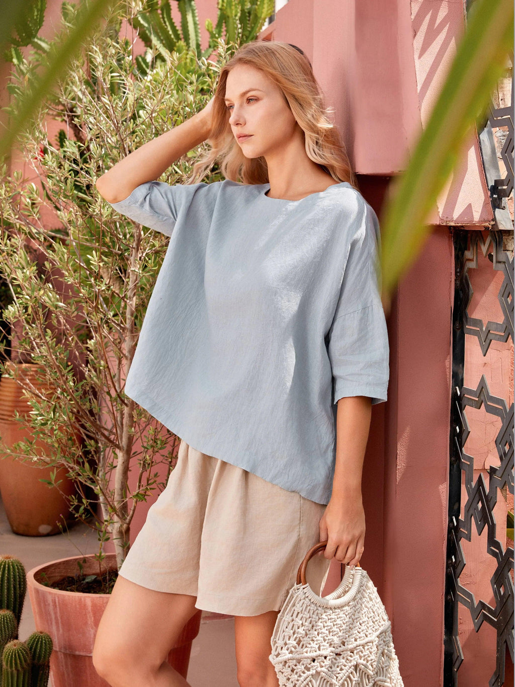 100% Linen Boatneck 3/4 Length Sleeve Top AURORA