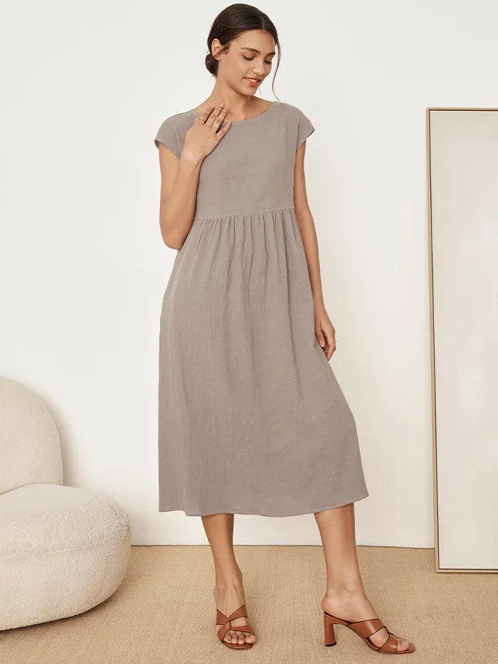 Linen Striped Cap Sleeve Washed Midi Dress JOAN