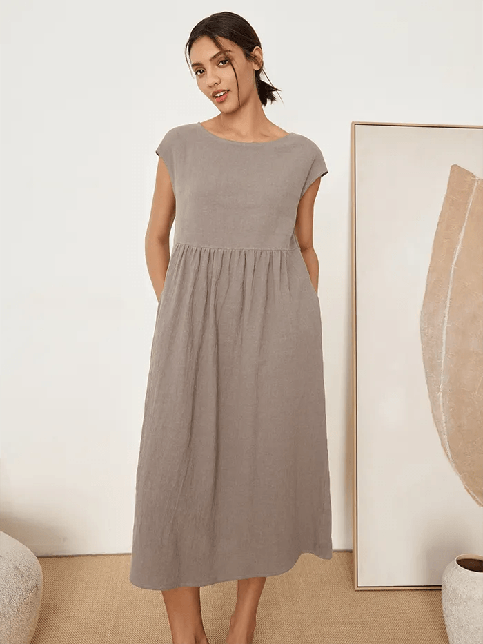 100% Linen Cap Sleeve Washed Midi Dress JOAN