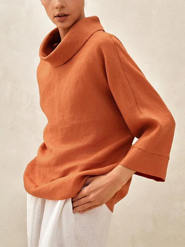 100% Linen Dropped Collar Long-Sleeve Top TRISTAN
