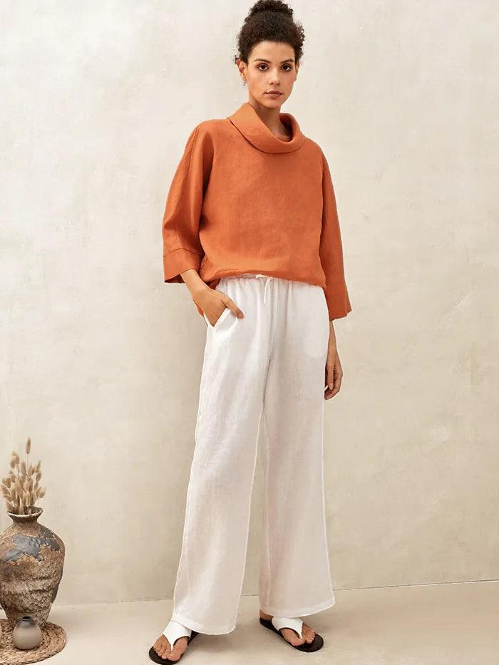100% Linen Dropped Collar Long-Sleeve Top TRISTAN