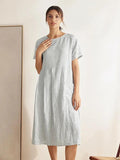 100% Linen Pinstripe Paneled Short-Sleeved Dress MORGAN