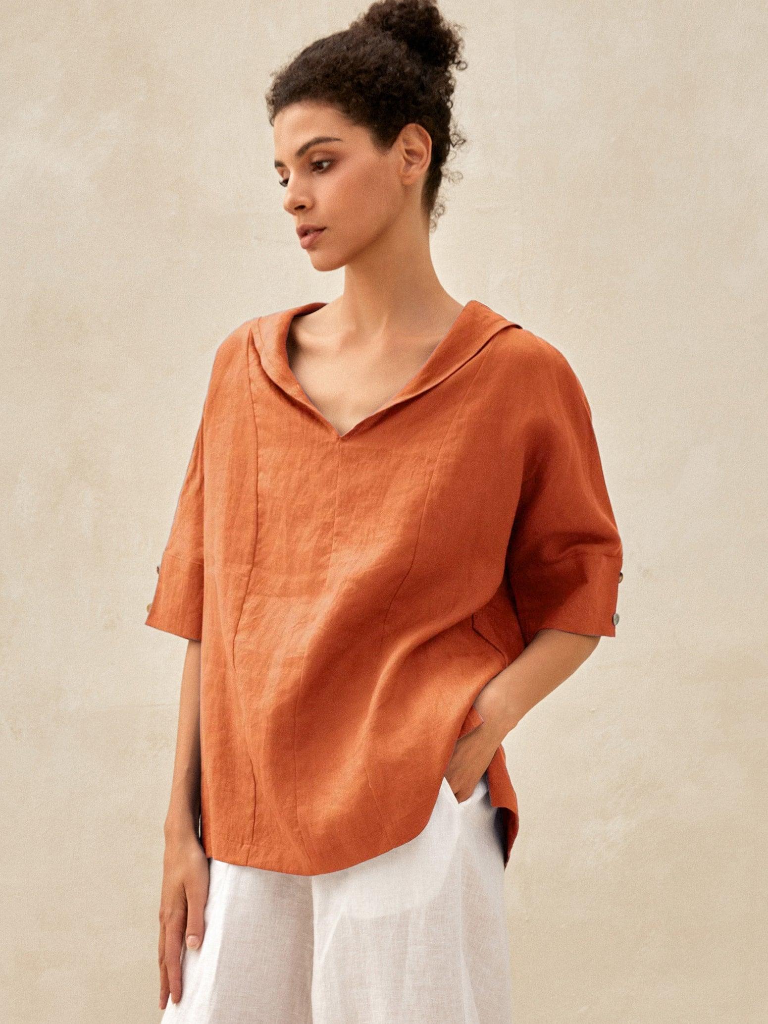 Linen V Neck Short Sleeve Shirt SIERRA