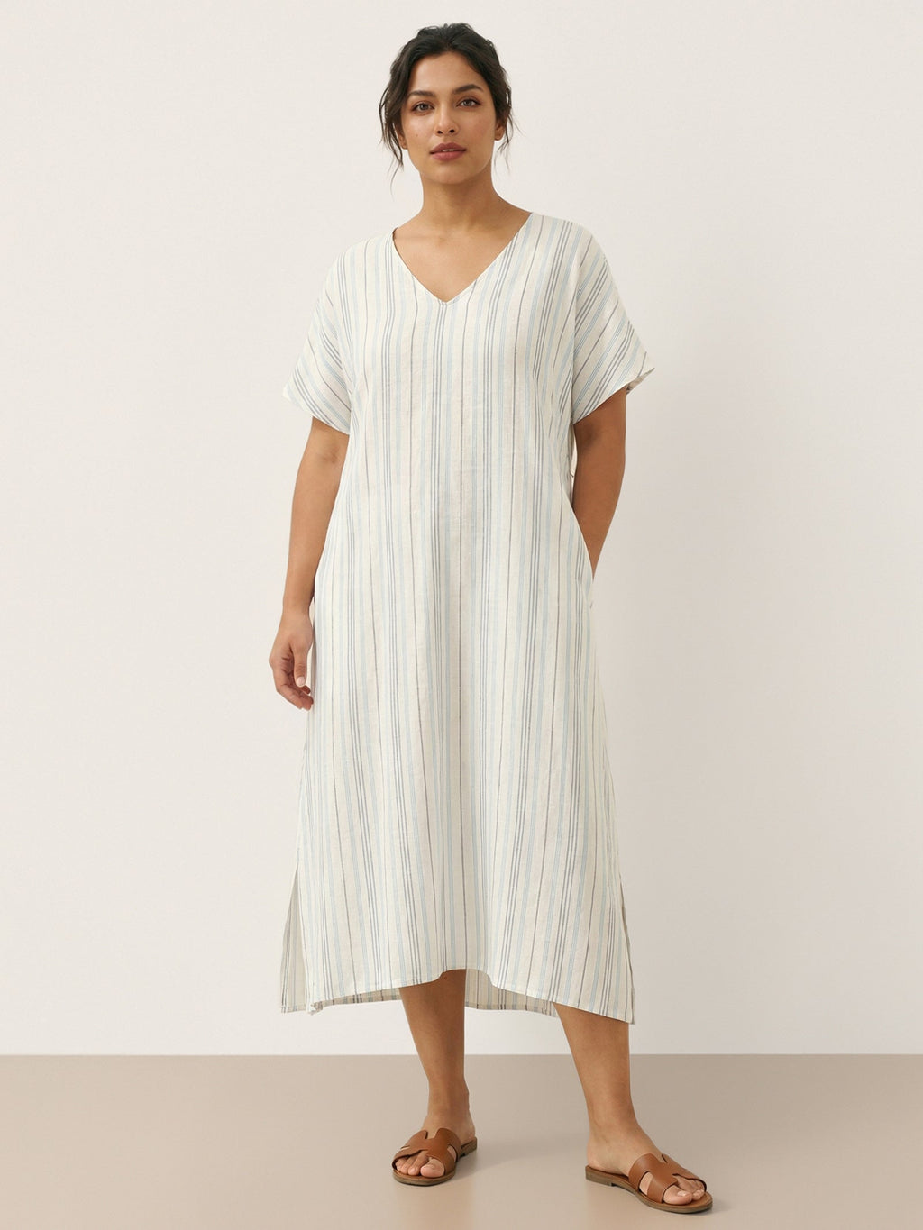 100% Linen Back-Tied Waist Midi Dress HANA