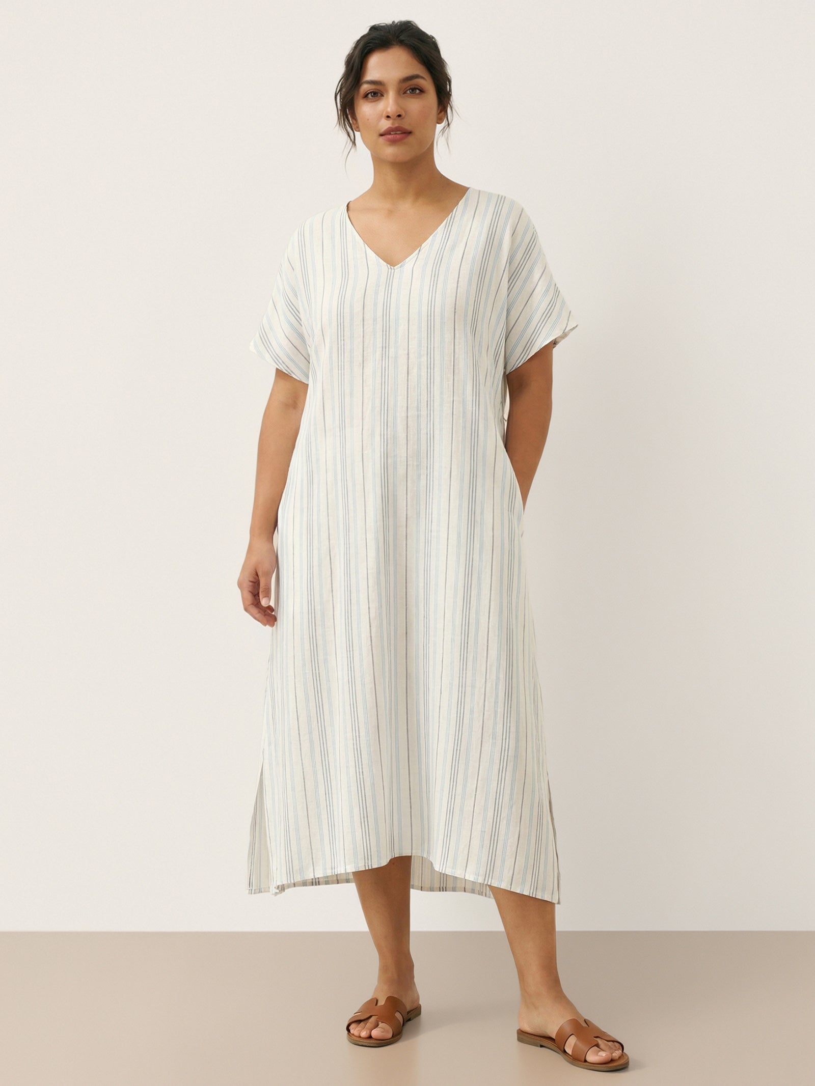 100% Linen Back-Tied Waist Midi Dress HANA