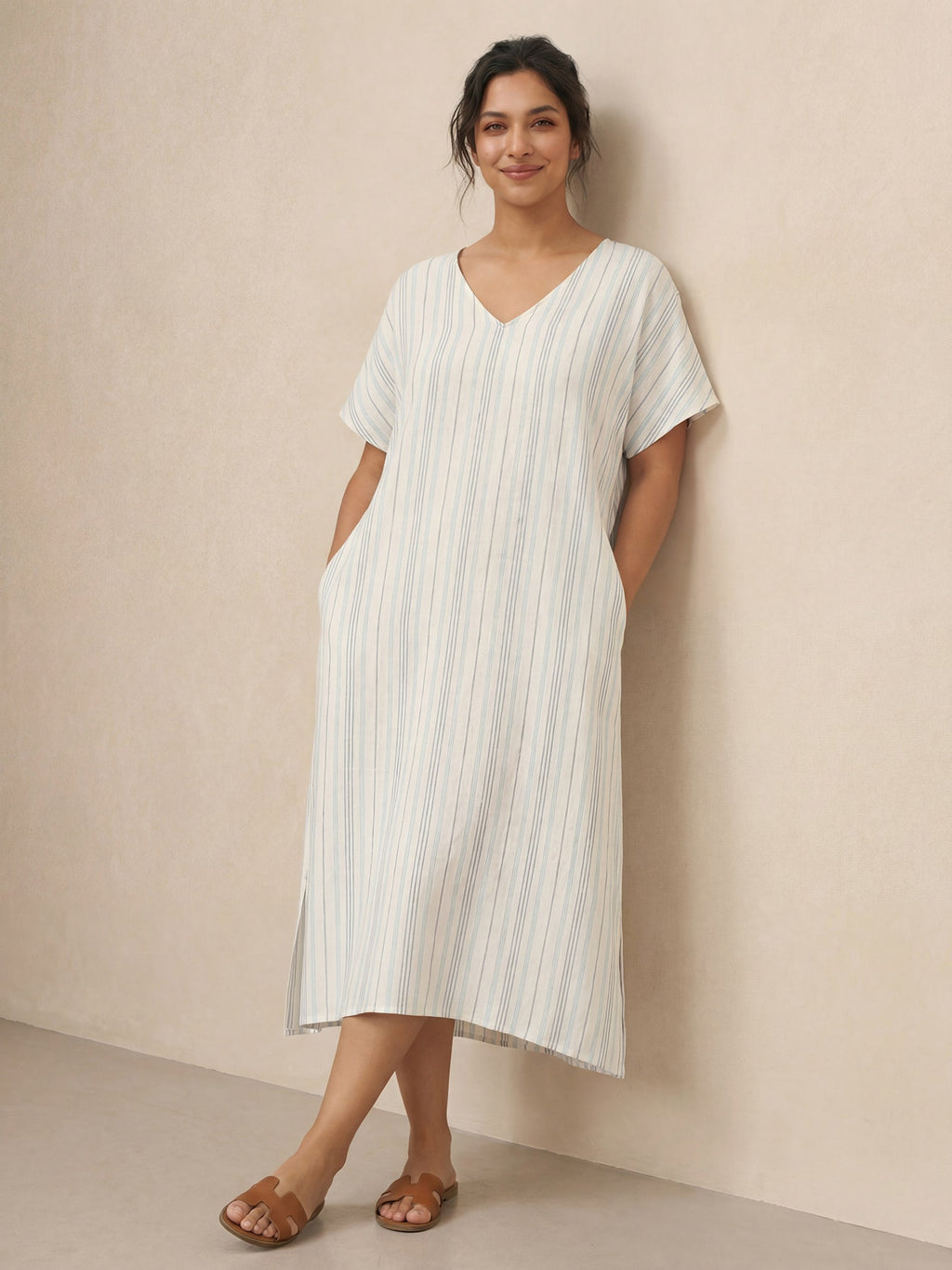 100% Linen Back-Tied Waist Midi Dress HANA