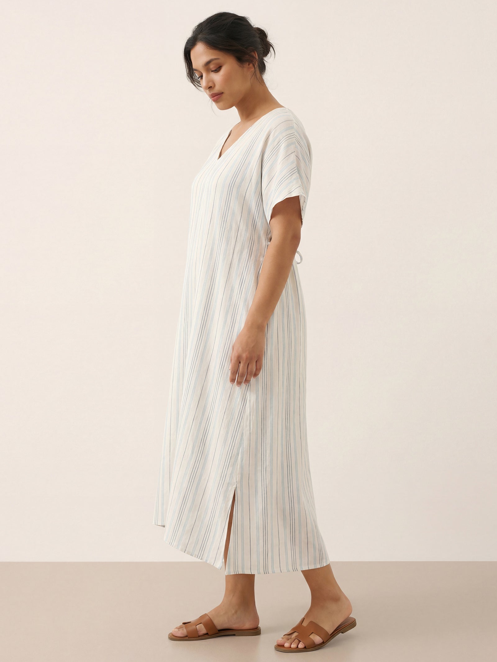 100% Linen Back-Tied Waist Midi Dress HANA