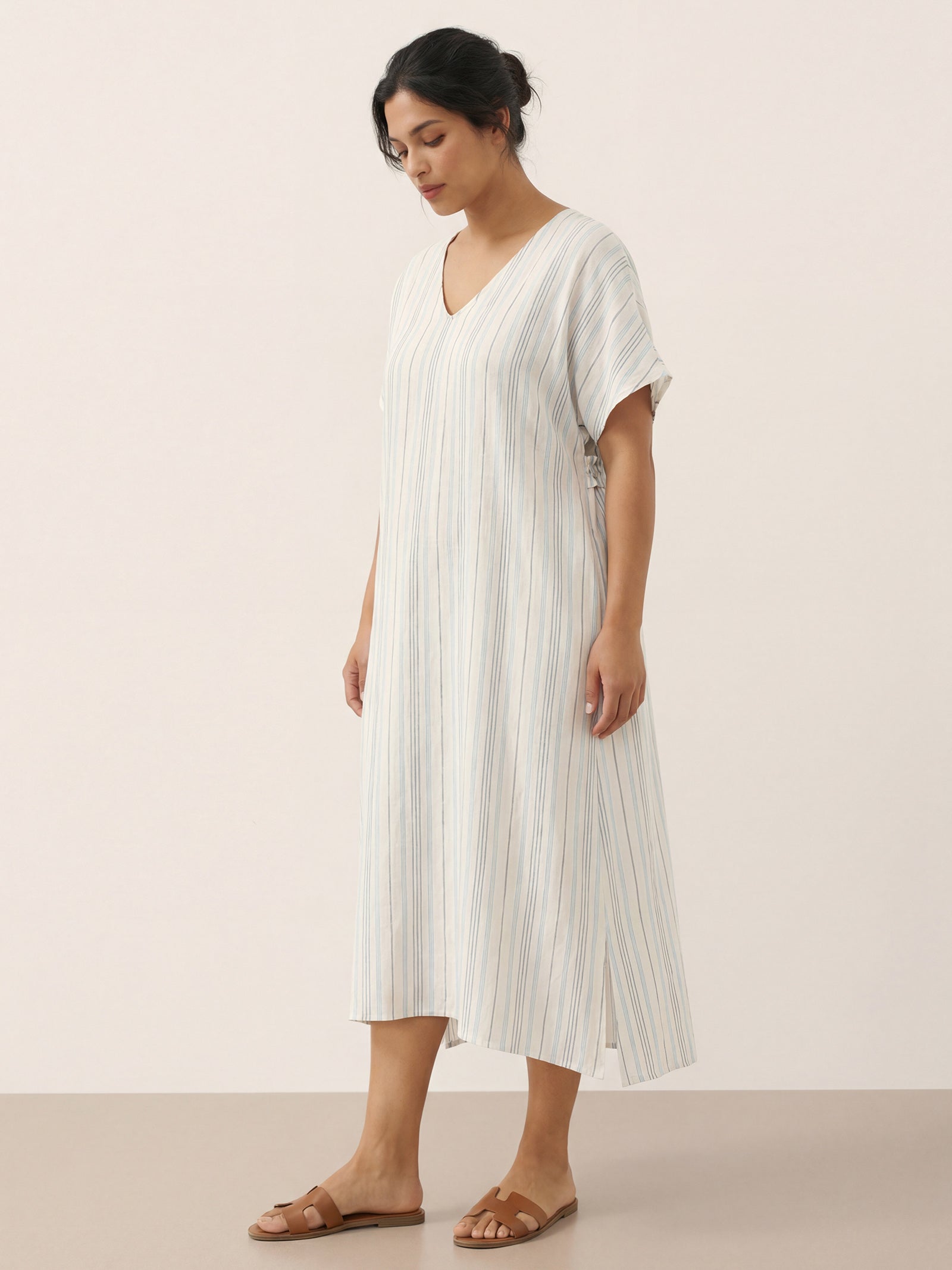100% Linen Back-Tied Waist Midi Dress HANA