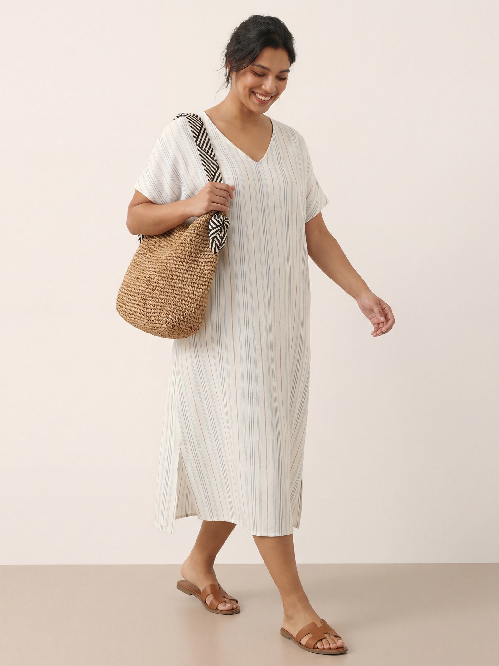100% Linen Back-Tied Waist Midi Dress HANA