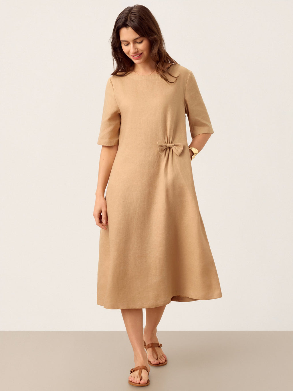 100% Linen Side-Gathered Bow Midi Dress ESMERALDA