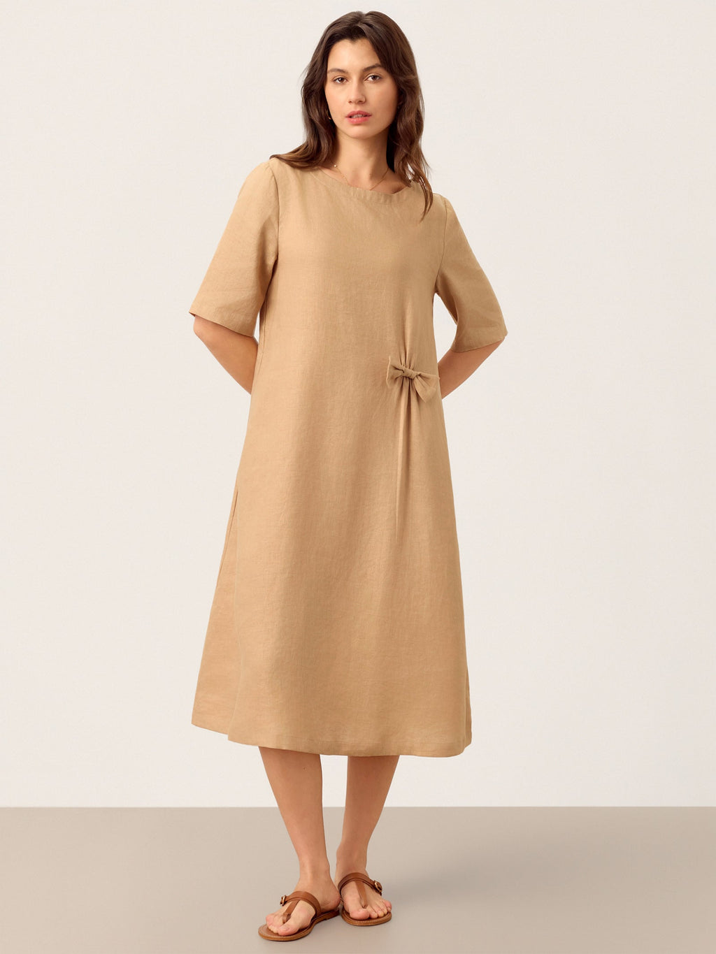 100% Linen Side-Gathered Bow Midi Dress ESMERALDA