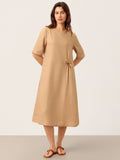 100% Linen Side-Gathered Bow Midi Dress ESMERALDA