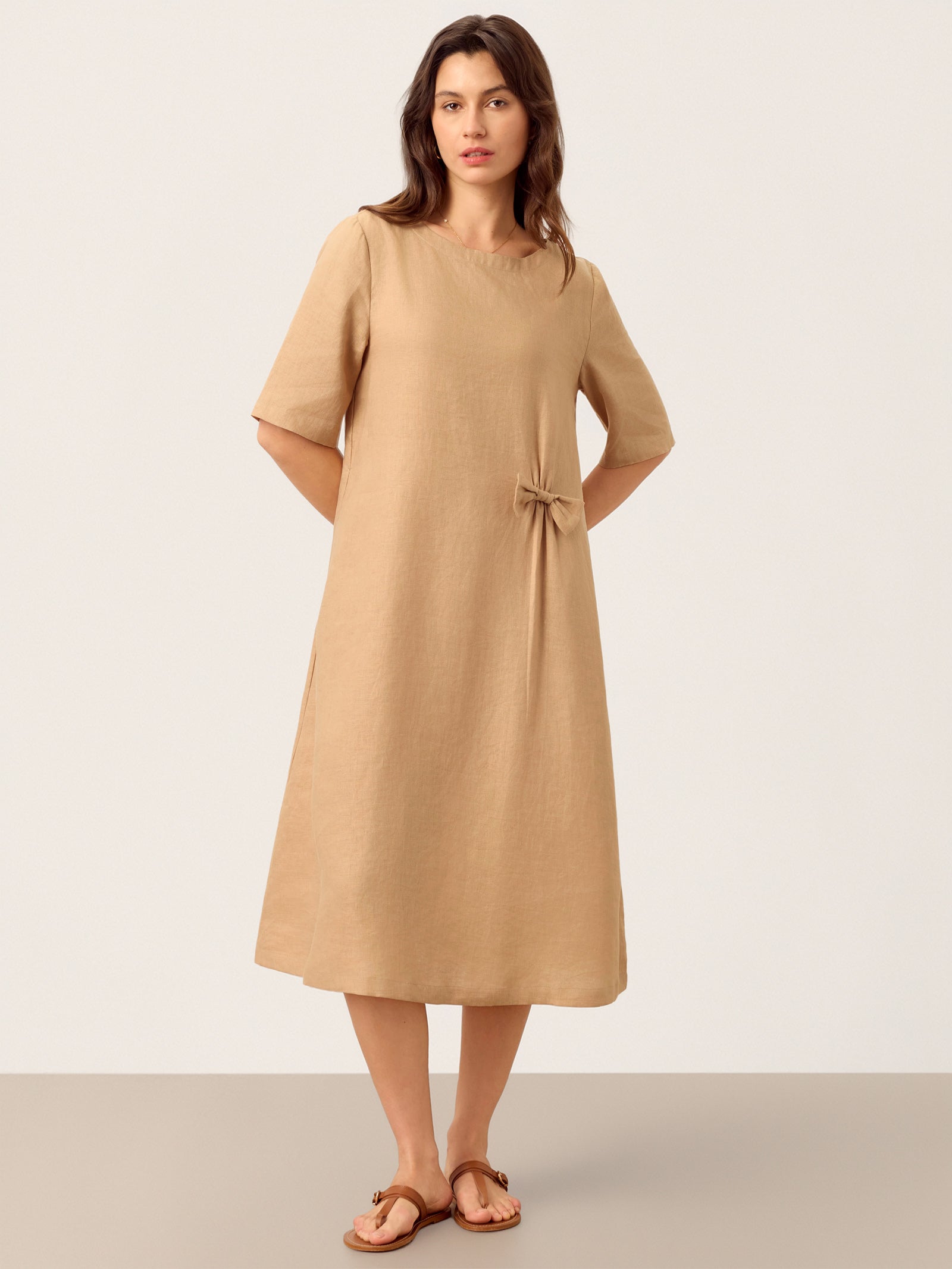 100% Linen Side-Gathered Bow Midi Dress ESMERALDA