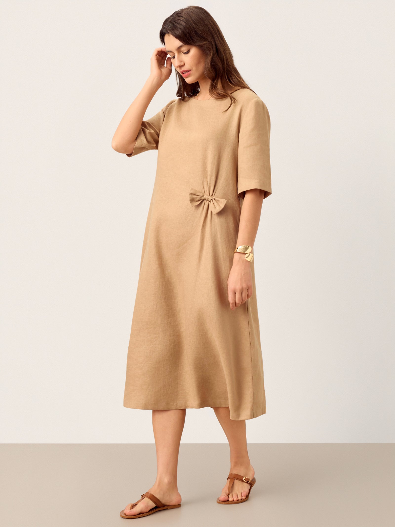 100% Linen Side-Gathered Bow Midi Dress ESMERALDA