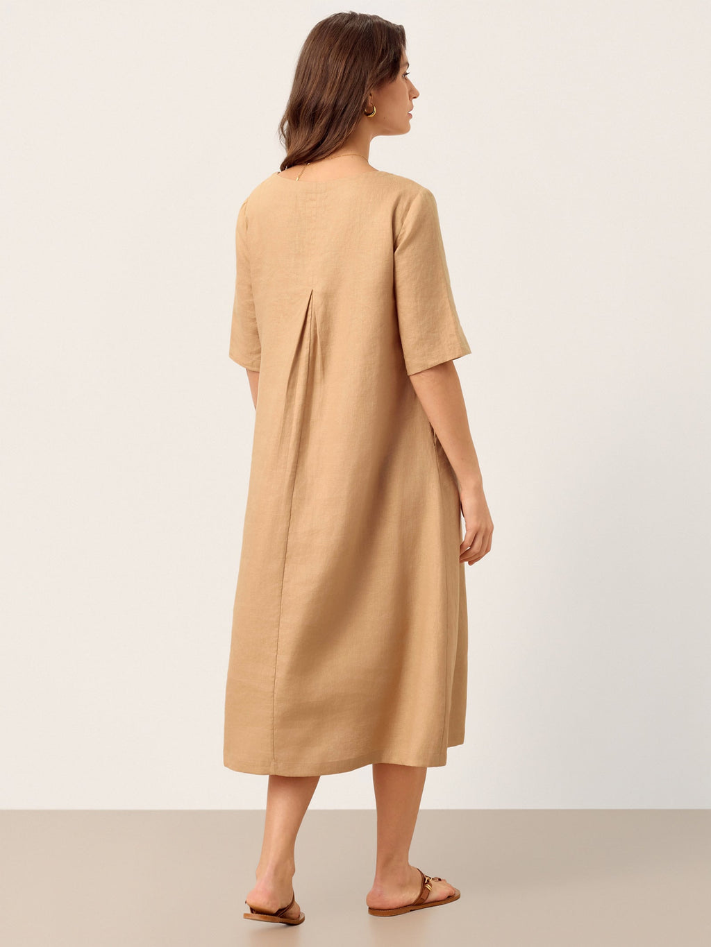 100% Linen Side-Gathered Bow Midi Dress ESMERALDA