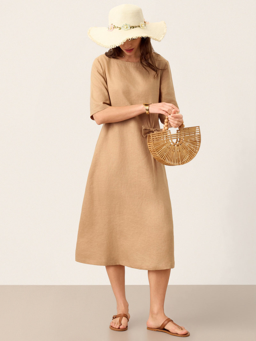 100% Linen Side-Gathered Bow Midi Dress ESMERALDA