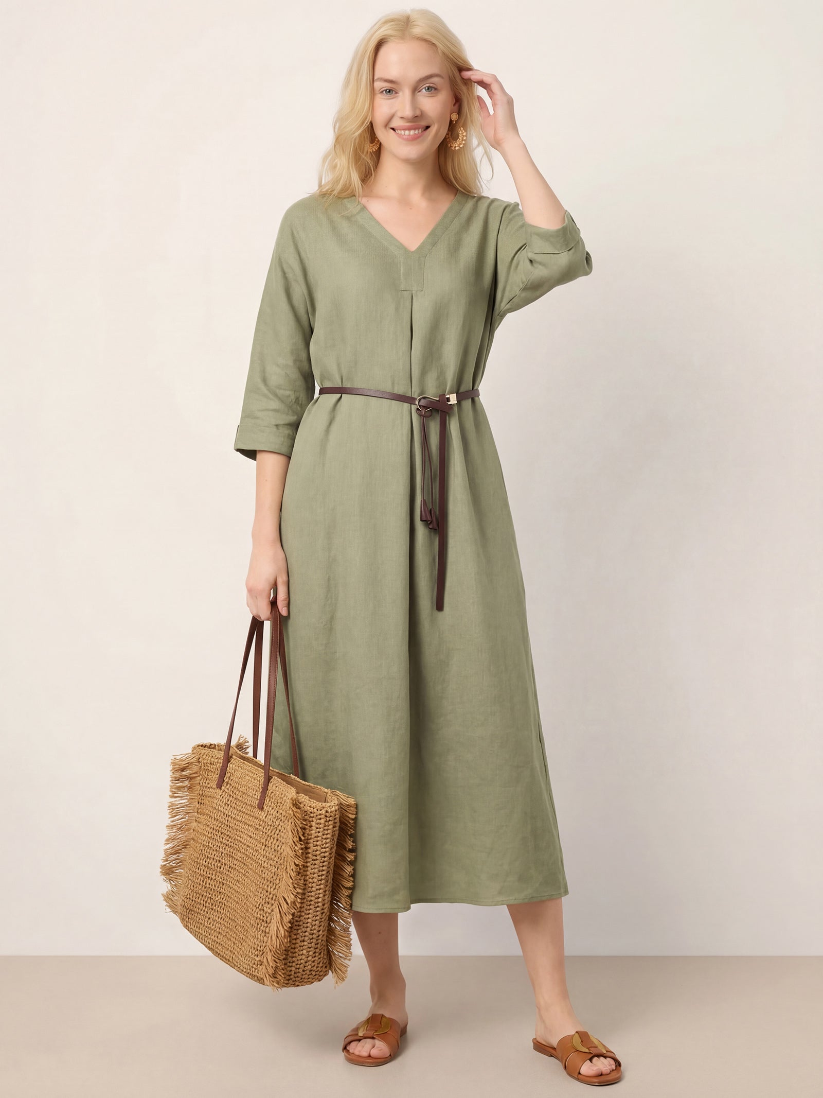 100% Linen Center Pleat V-Neck Cuffed Sleeve Midi Dress ZENOBIA