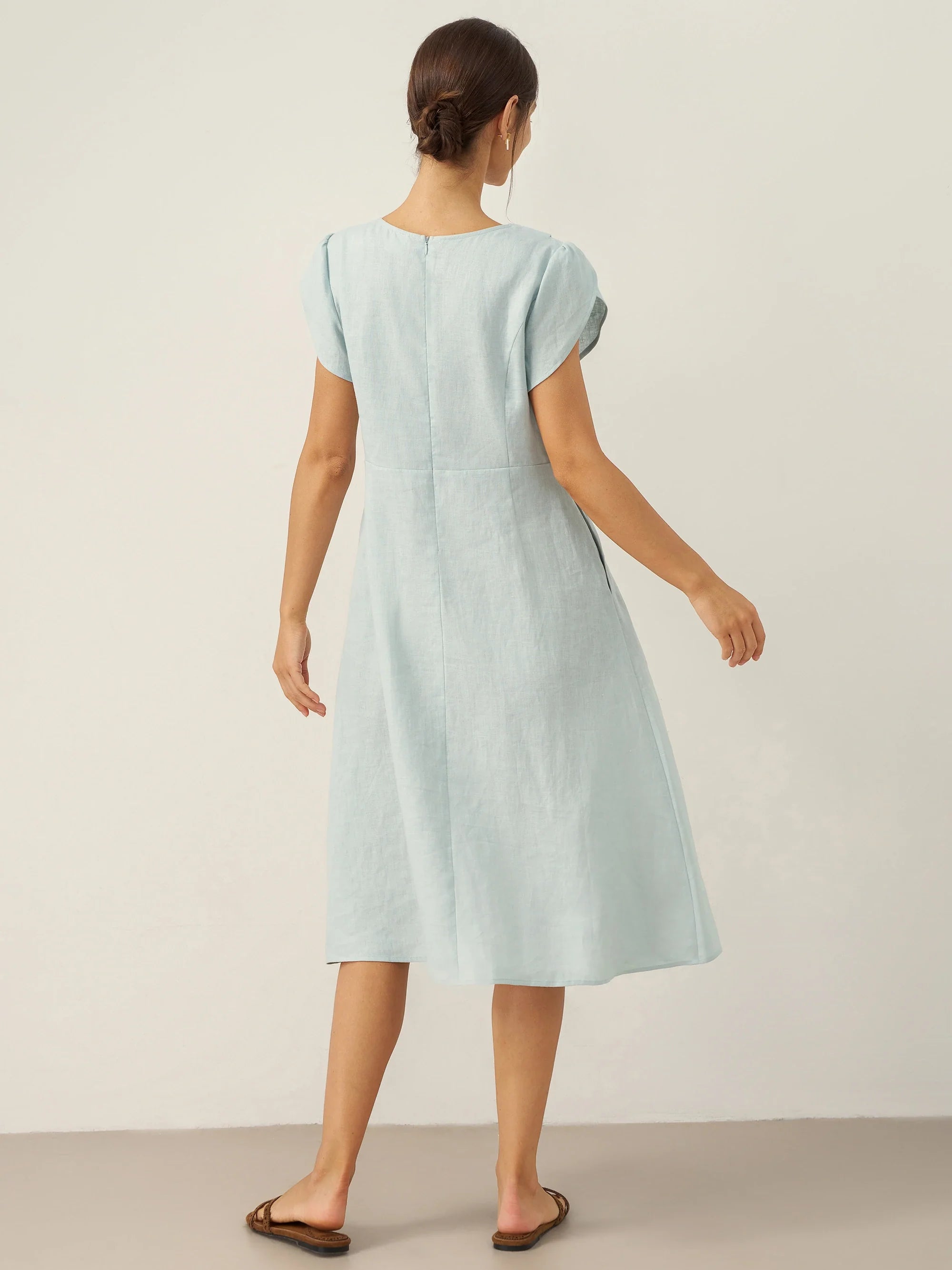 100% Linen Crescent Collar Flutter Sleeve Mini Dress FIONA