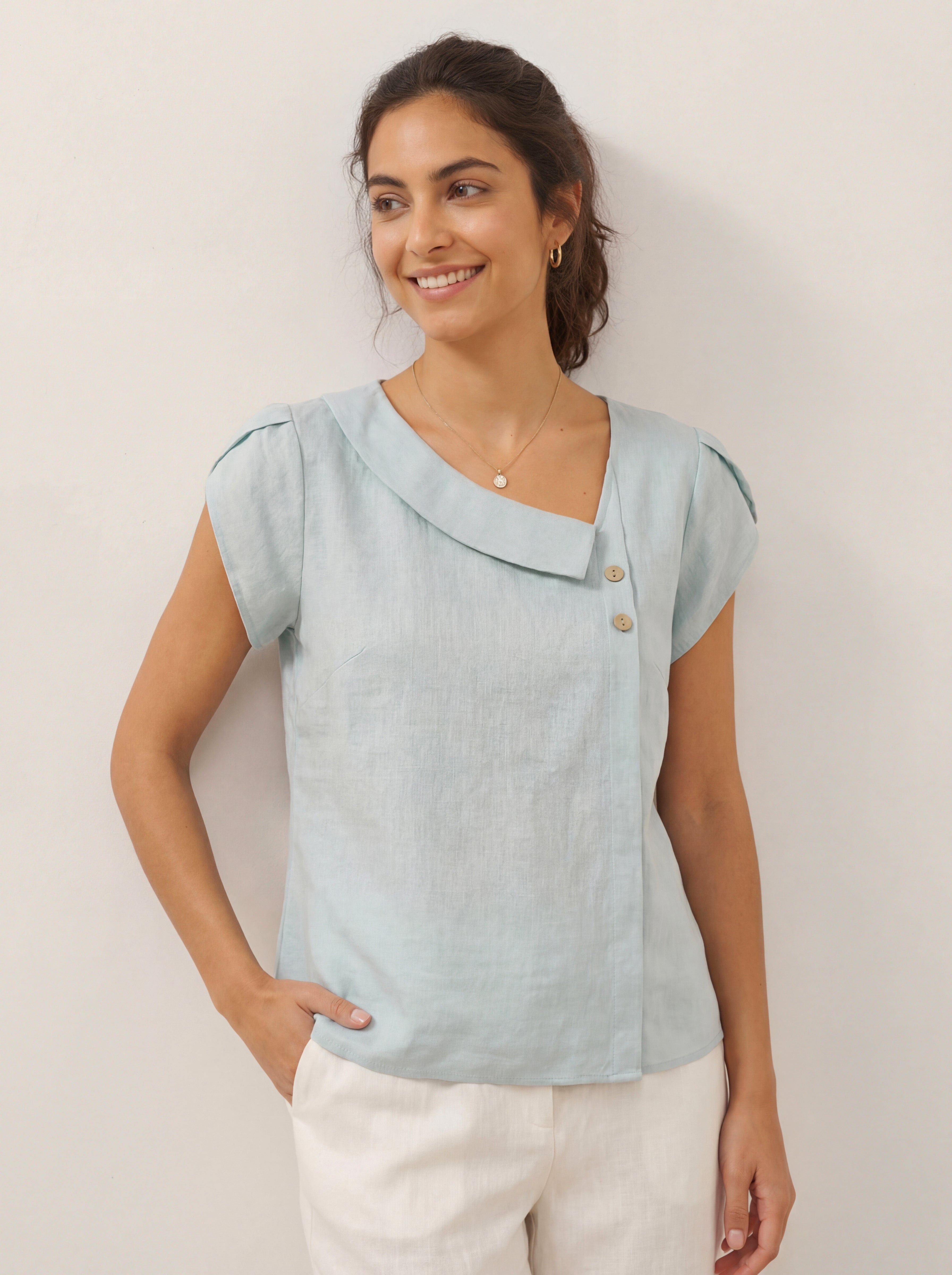 100% Linen Crescent Collar Flutter Sleeve Top FARA