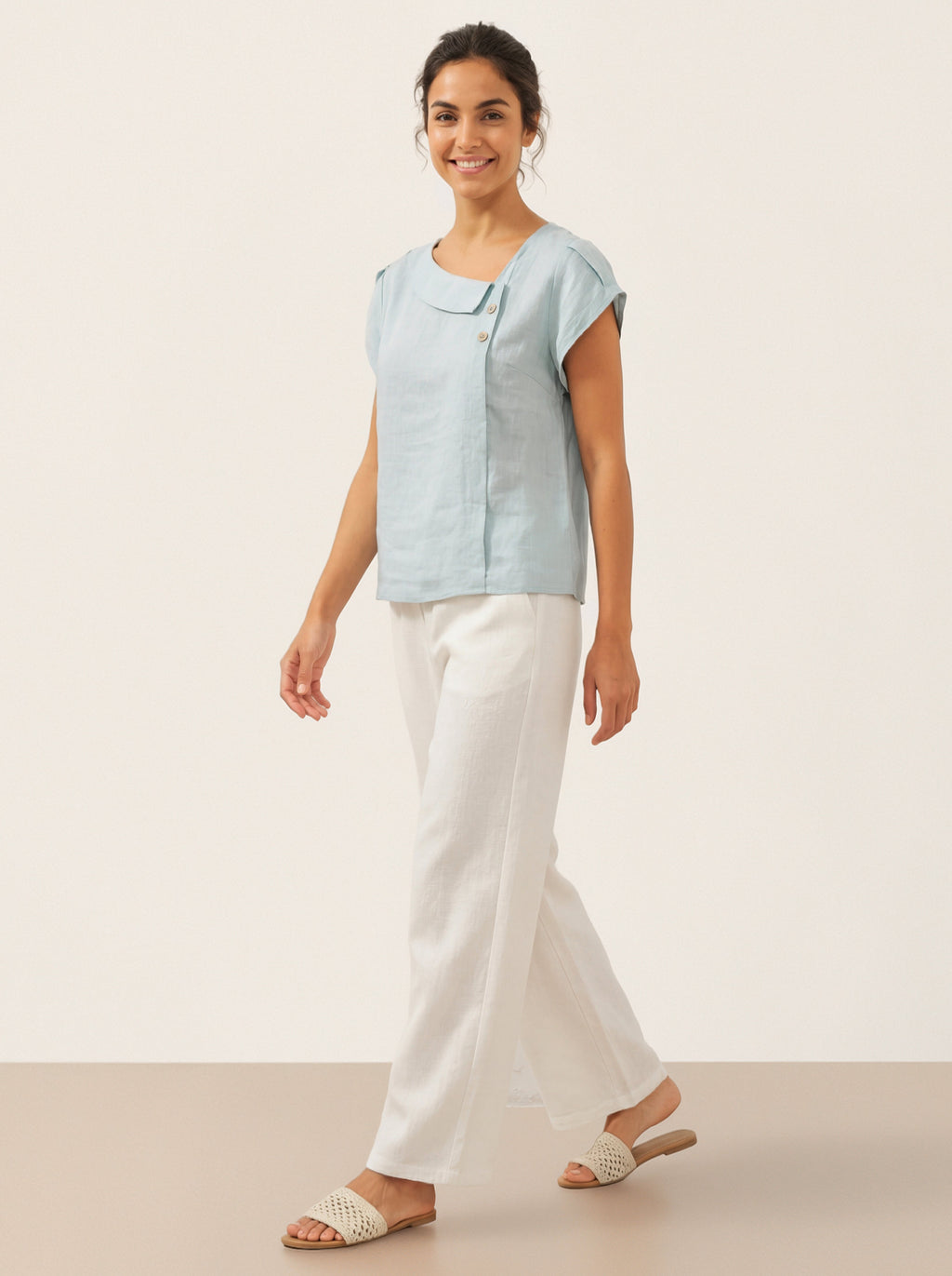 100% Linen Crescent Collar Flutter Sleeve Top FARA