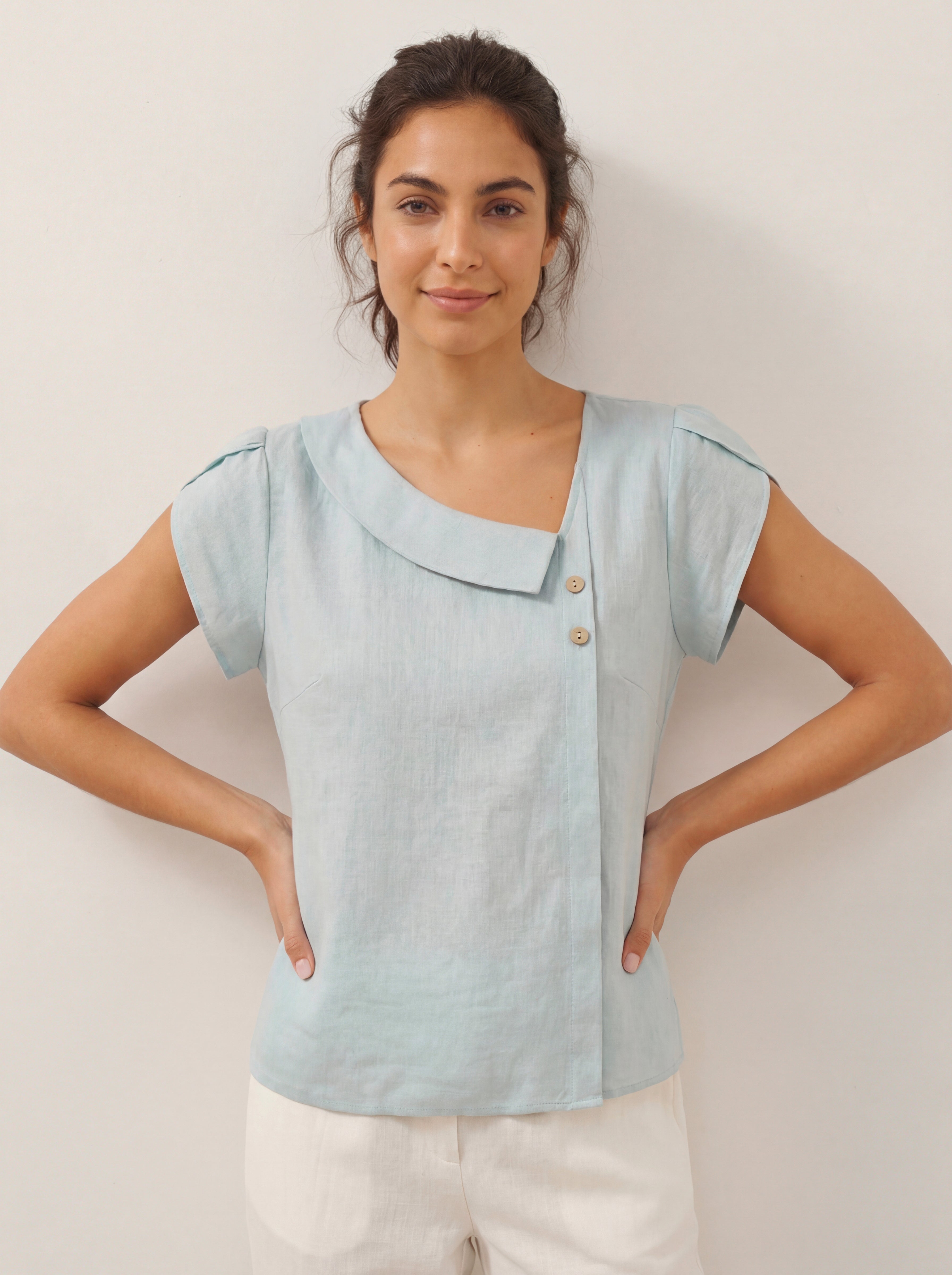 100% Linen Crescent Collar Flutter Sleeve Top FARA