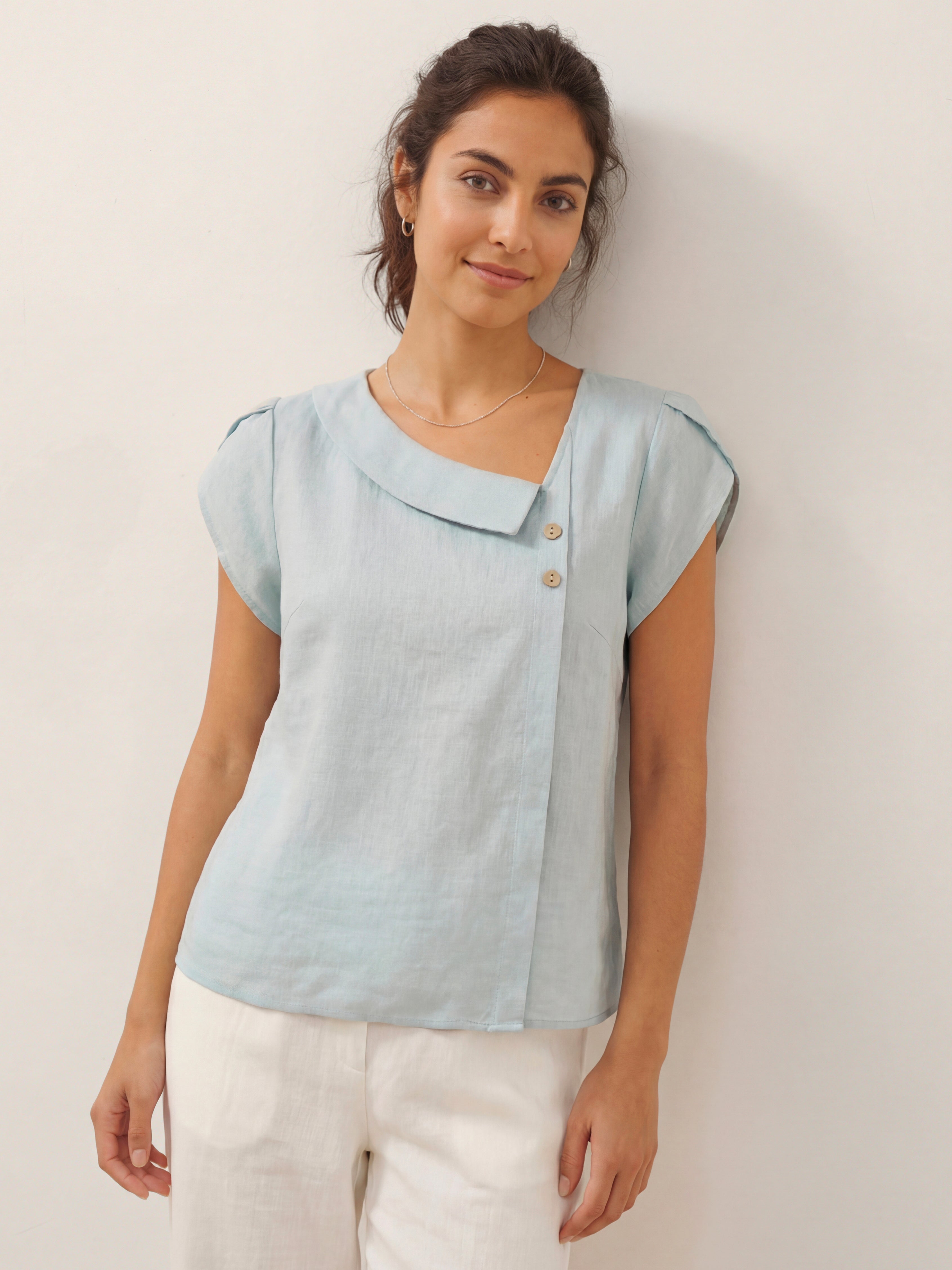 100% Linen Crescent Collar Flutter Sleeve Top FARA
