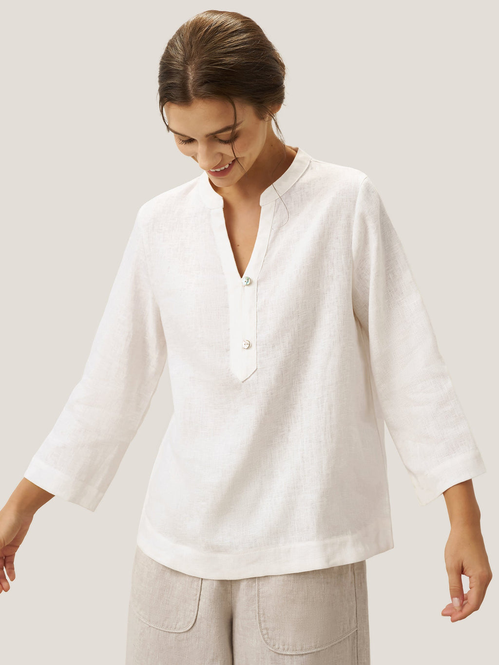 100% Linen Deep V-Neck Pullover with Button-Trim JOLYNE