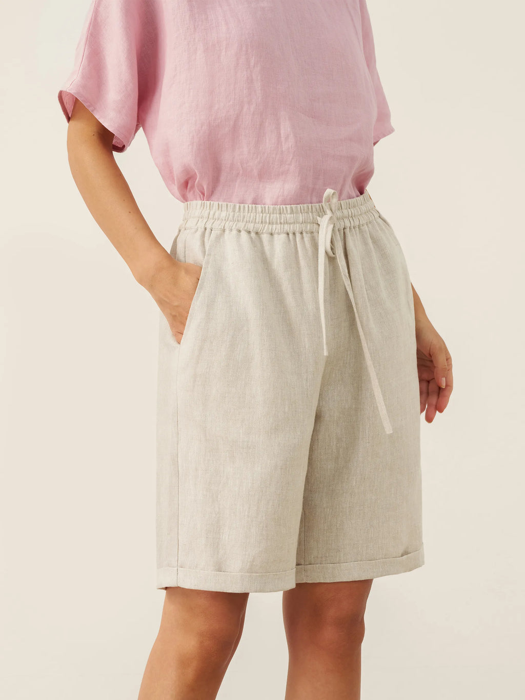 100% Linen Elastic Drawstring Waist Capri Pants XIMENA