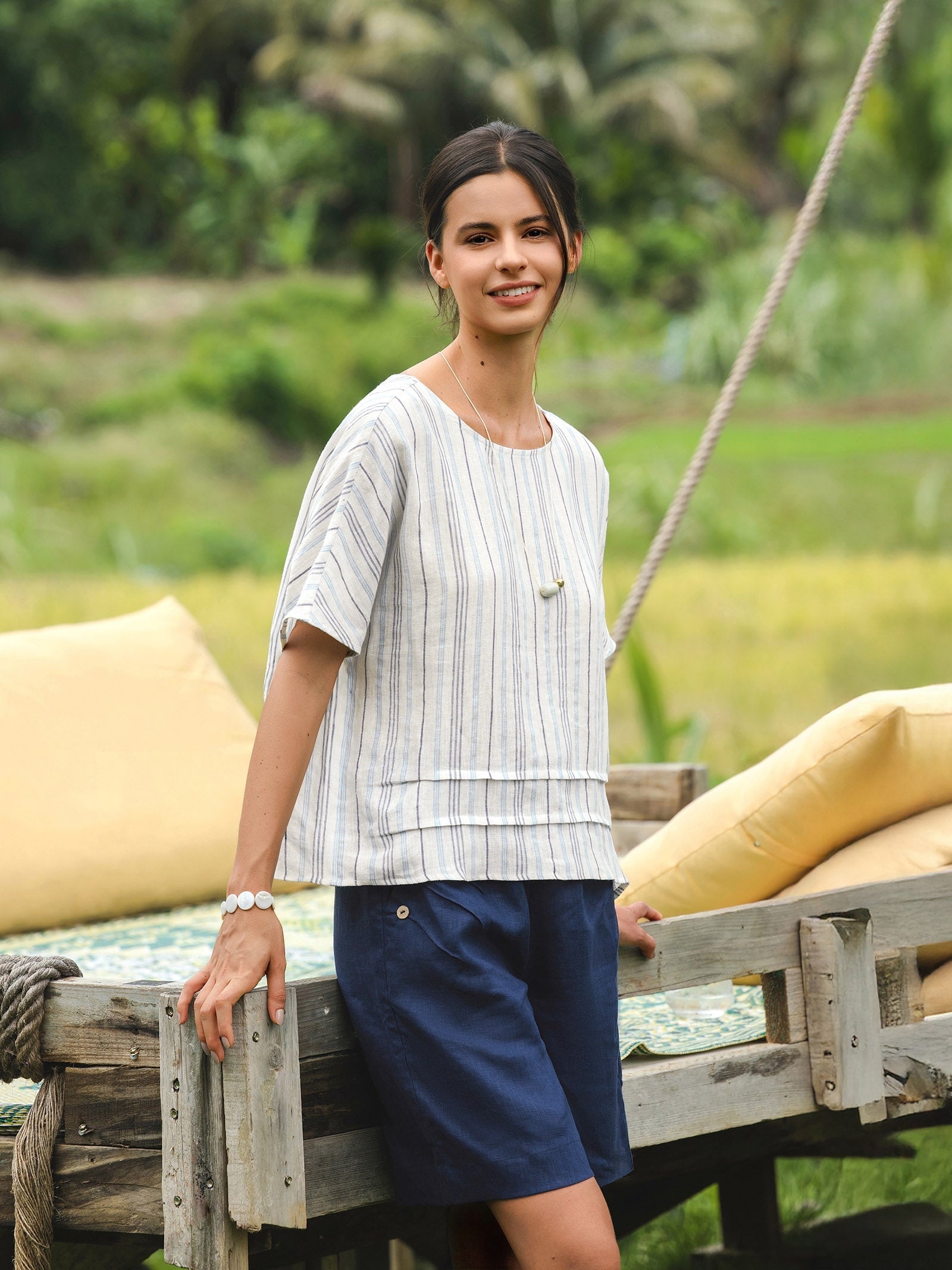 100% Linen Elastic Waistband Capri Pants ANNA