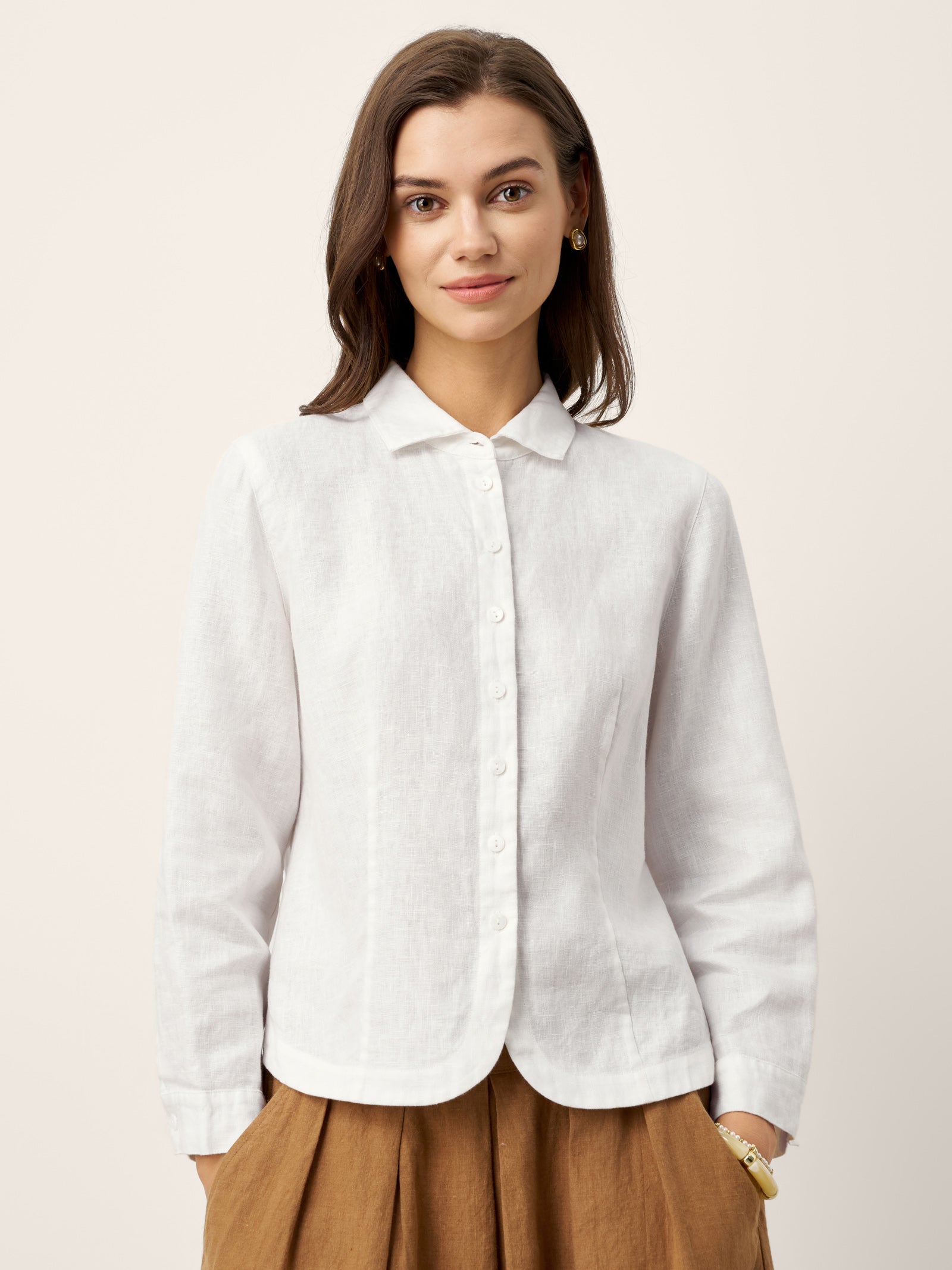 100% Linen Small Collar Curved Hem Tailored Shirt AVELINE