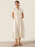 100% Linen Mandarin Collar Midi Dress with Detachable Belt MARGARET