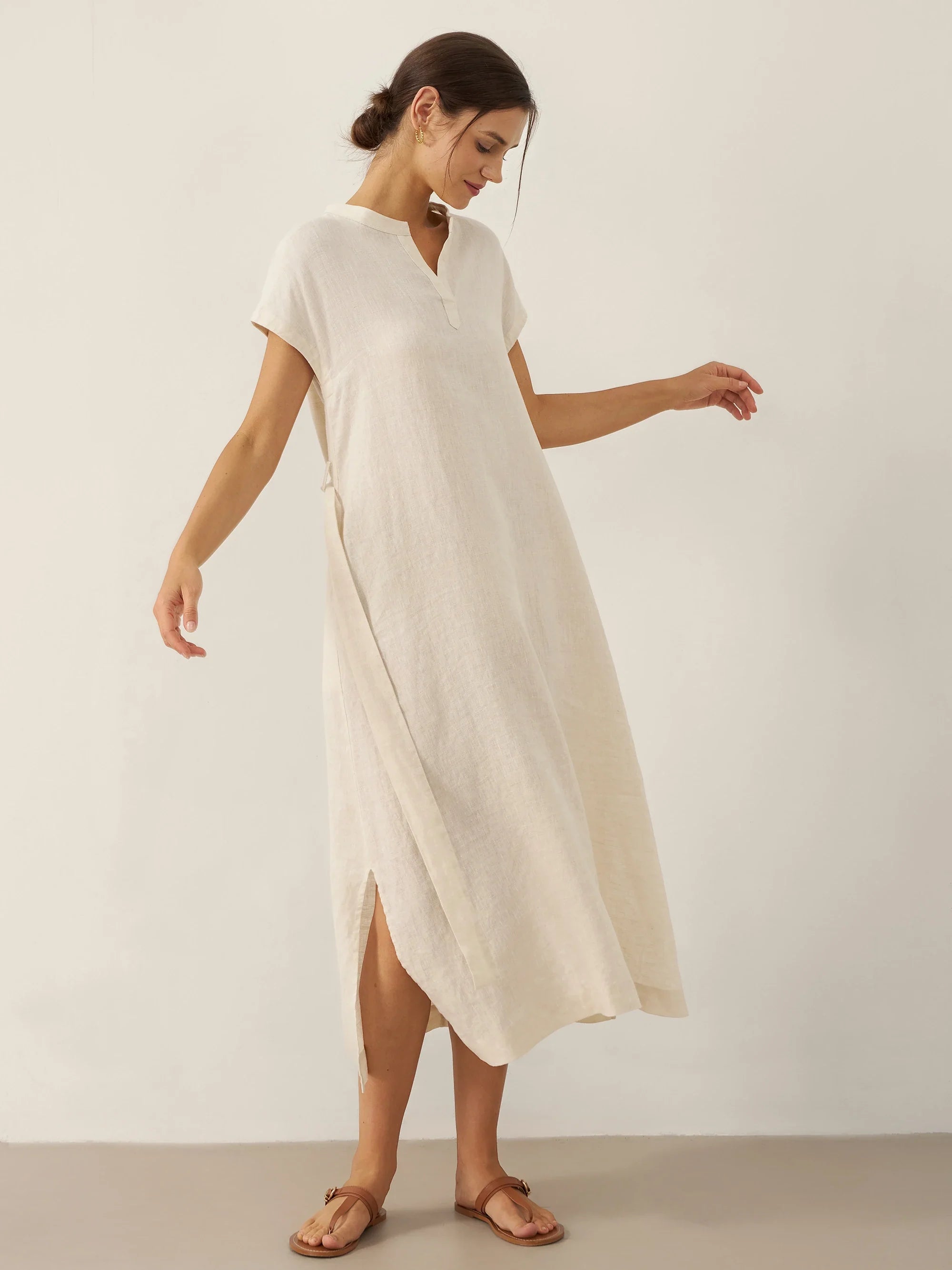 100% Linen Mandarin Collar Midi Dress with Detachable Belt MARGARET