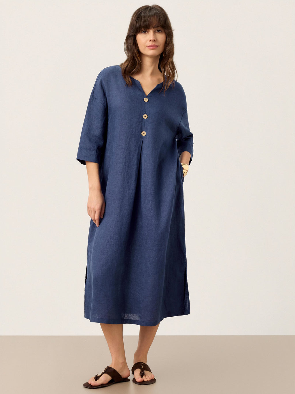 100% Linen Notch Neck Inverted Pleat Midi Dress MATILDE