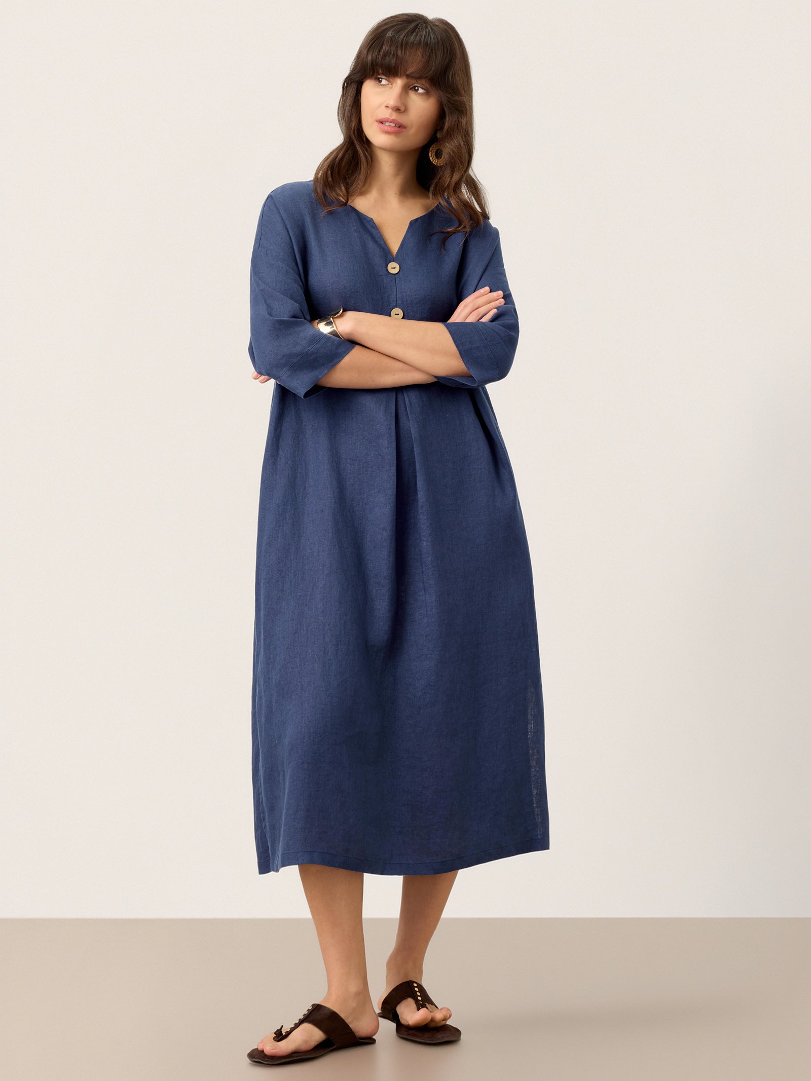100% Linen Notch Neck Inverted Pleat Midi Dress MATILDE