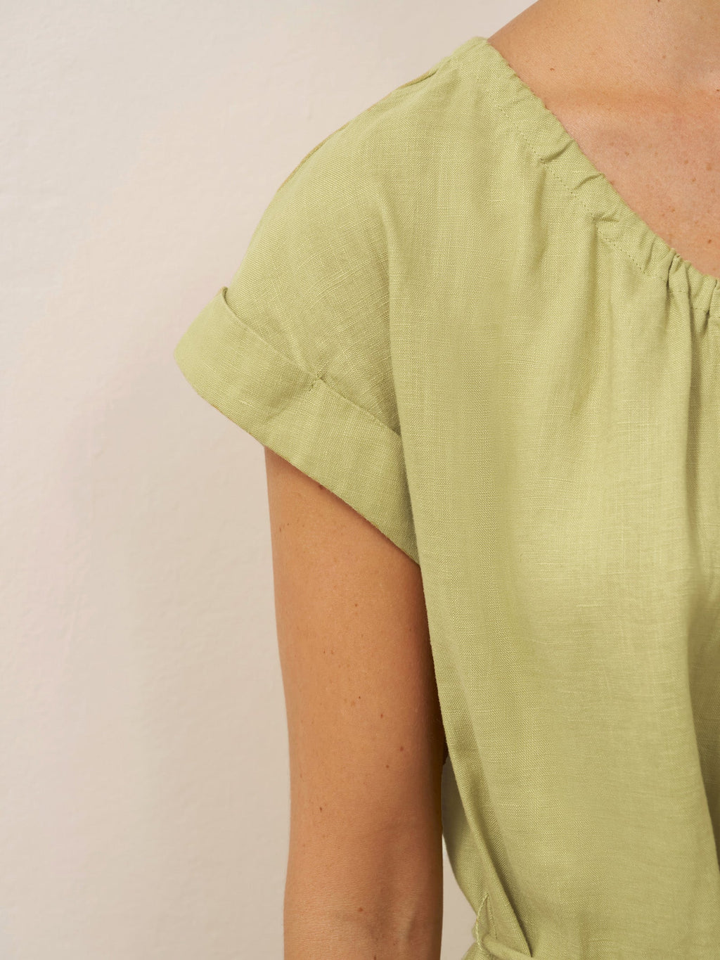 100% Linen Pleated Crew Neck Midi Dress with Detachable Tie Straps MIRA